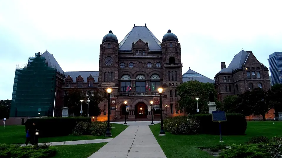 The Ontario Legislative Building at Queen’s Park in Toronto, at dusk