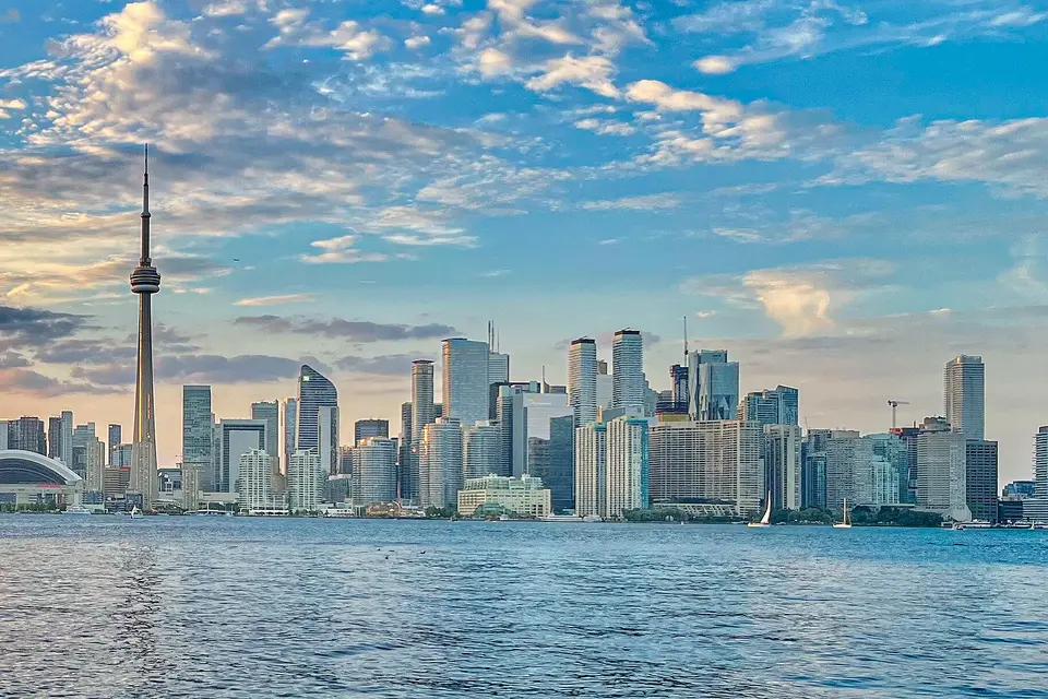 The Toronto skyline and the CN Tower seen across the water from Centre Island