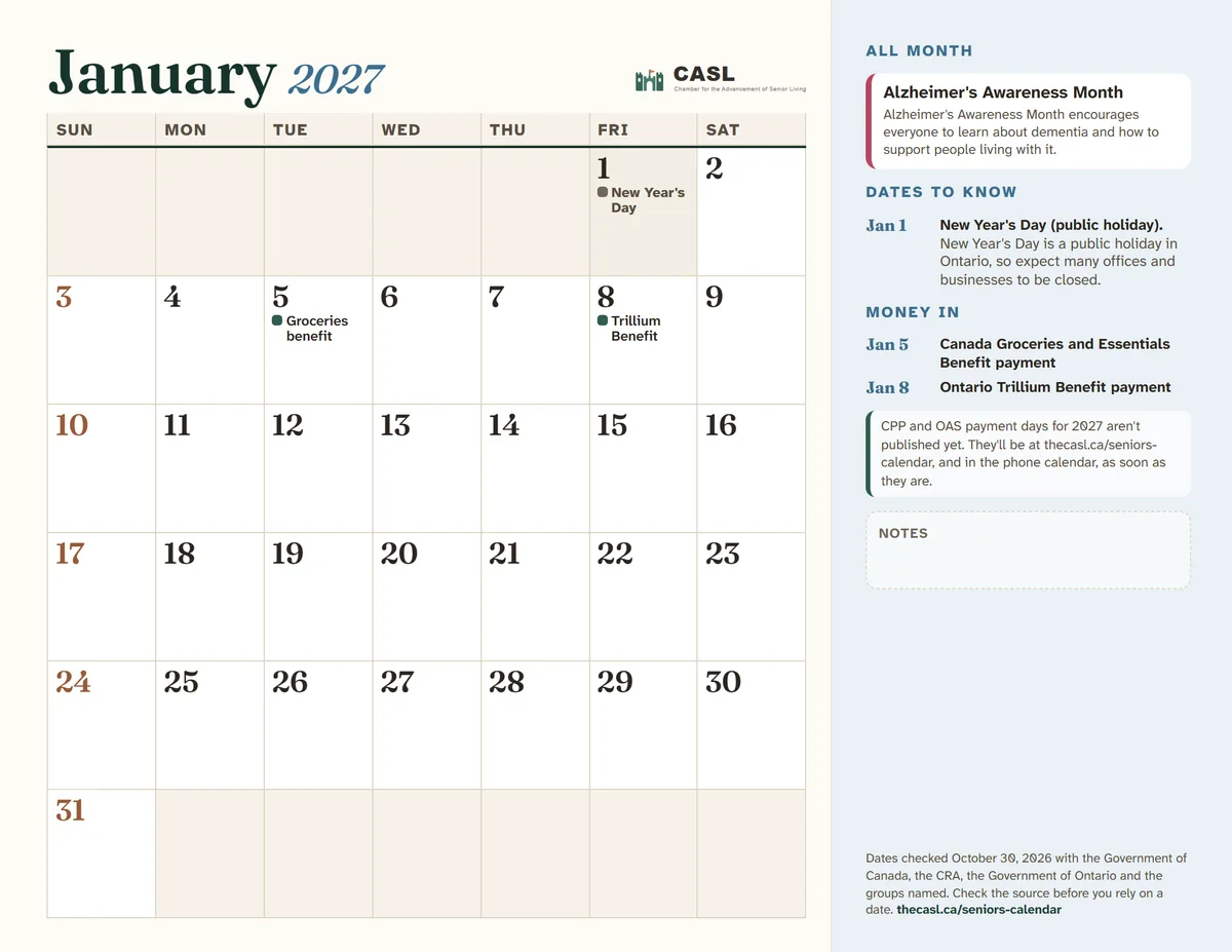 A month page of the calendar, with payment days, holidays and the dates to know