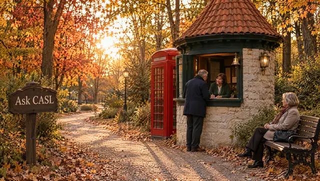 A concierge at the window of a small stone kiosk, beside a red telephone box, helps an older man with a question.