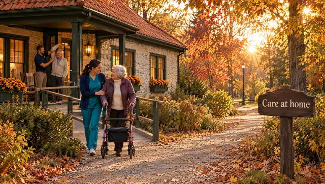 A nurse in teal scrubs walks beside an older woman using a walker on a cottage ramp, while a physiotherapist helps a man stretch on the porch.