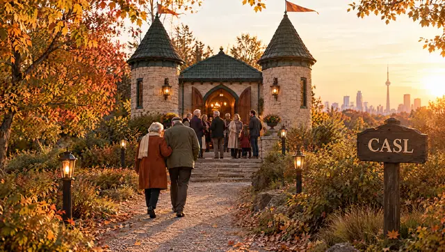 The path ends at a small castle at sunset, where the couple from the gate walk up to join friends and family, with the Toronto skyline beyond.