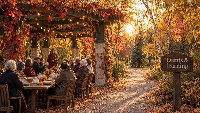A dozen older people share lunch at a long table under a pergola hung with autumn vines and lights, listening to a speaker.