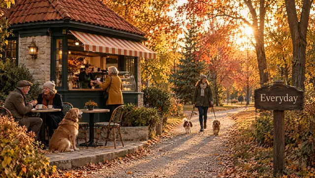 A park café with a striped awning: a barista hands over a coffee, a couple share a pastry with their dog beside them, and a dog walker passes.