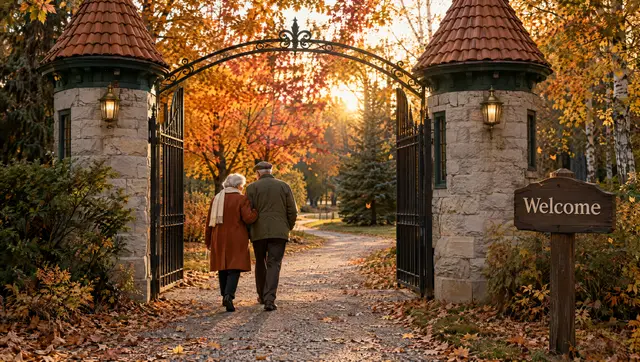 An older couple walk arm in arm through an open stone park gate at sunset, beside a wooden sign that says Welcome.