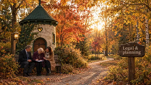 A lawyer, an older woman and her daughter sit on a bench beside a small stone tower with a heart-shaped window as she signs a page.
