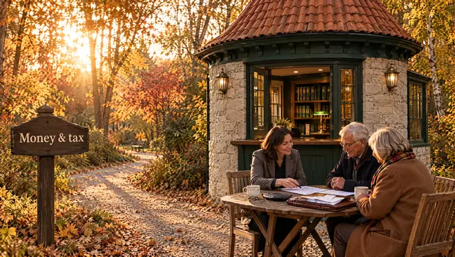 An accountant goes through papers with an older couple at a table outside a small stone office in the park.