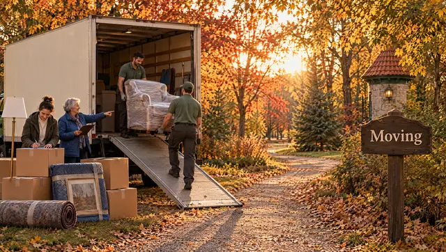 Two movers carry a wrapped armchair up the ramp of a moving truck while an older woman with a clipboard directs them and an organizer labels a box.