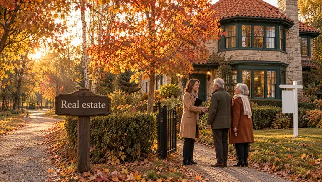 A realtor shakes hands with an older couple at the garden gate of a stone family house.