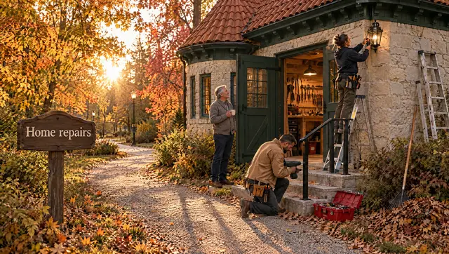 A tradesman fixes a handrail on the steps of a stone workshop while an electrician on a stepladder fits a porch light and the homeowner looks on.