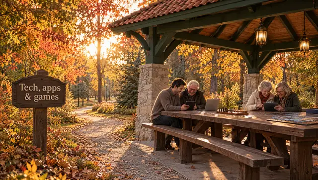Under a timber pavilion a young man shows an older man something on a tablet, and two women play a game together on another.