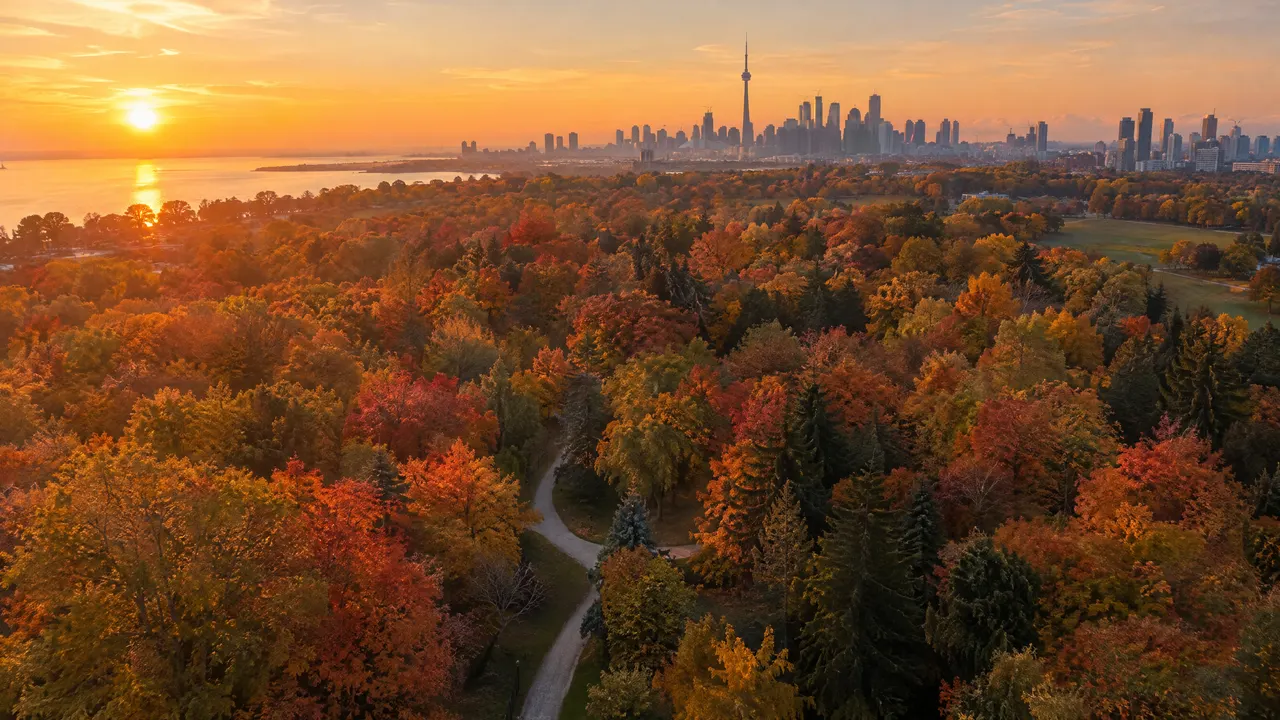 The Toronto skyline and the CN Tower above an autumn park at sunset