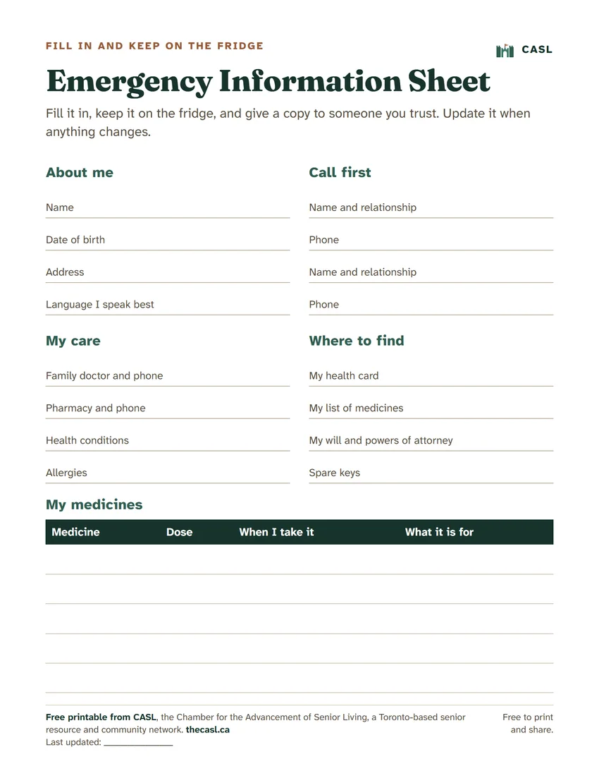 Preview of the printable Emergency Information Sheet
