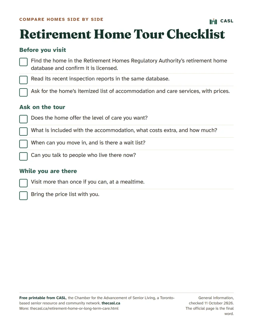 Preview of the printable Retirement Home Tour Checklist