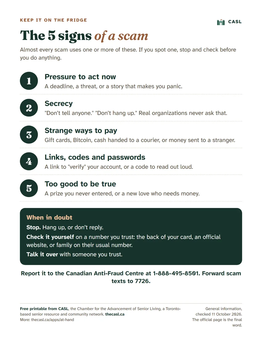 Preview of the printable The 5 Signs of a Scam