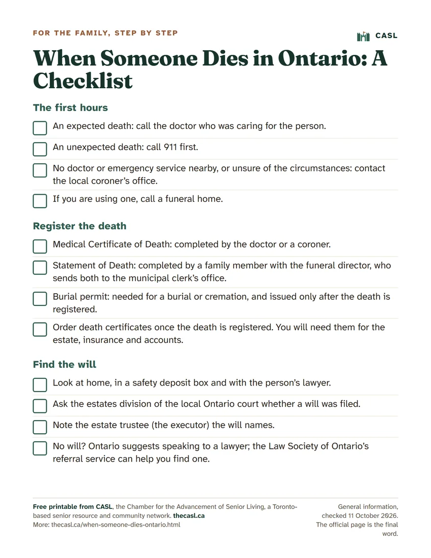 Preview of the printable When Someone Dies in Ontario: A Checklist