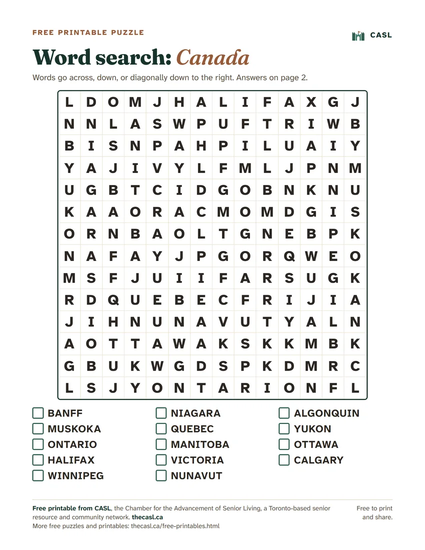 Preview of the printable Large Print Word Search: Canada