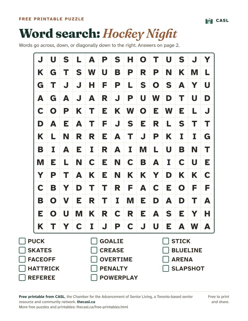Preview of the printable Large Print Word Search: Hockey Night