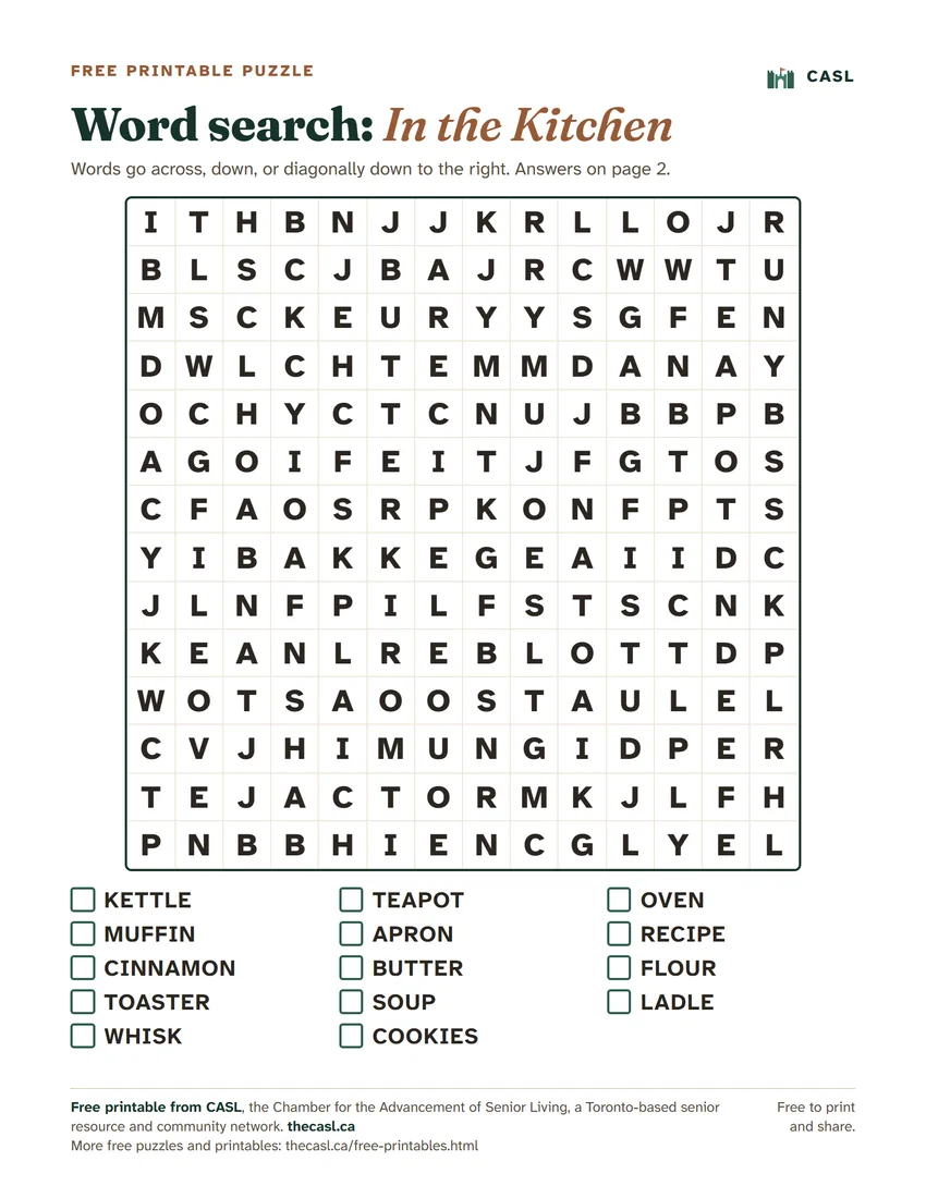 Preview of the printable Large Print Word Search: In the Kitchen