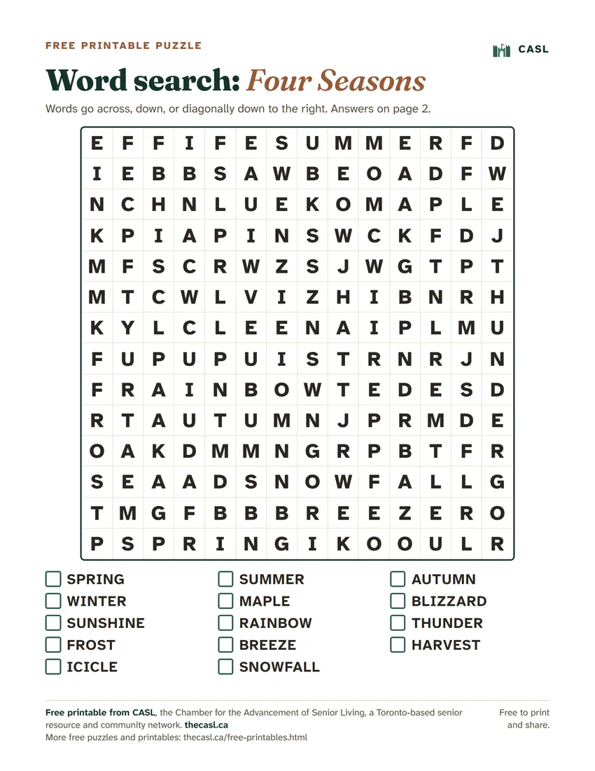 Preview of the printable Large Print Word Search: Four Seasons