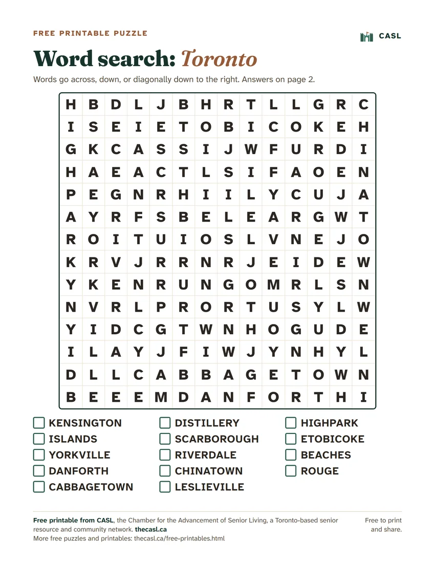 Preview of the printable Large Print Word Search: Toronto