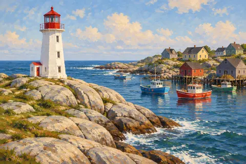 A painted postcard of the lighthouse and fishing boats at Peggy's Cove