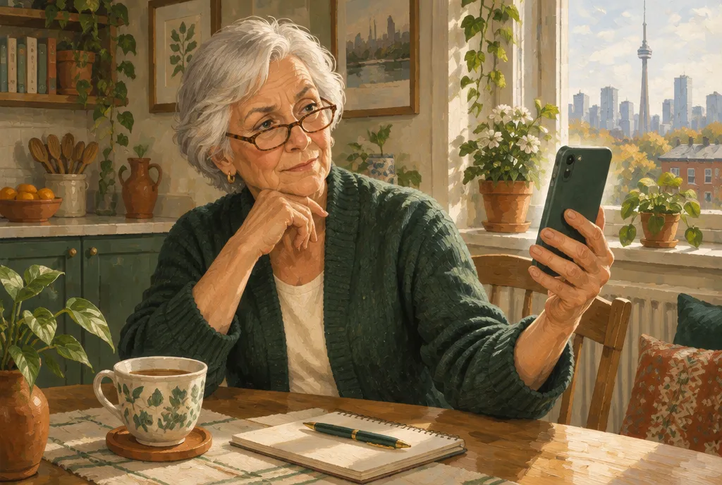 An illustration of an older woman at her kitchen table, looking doubtfully at her phone