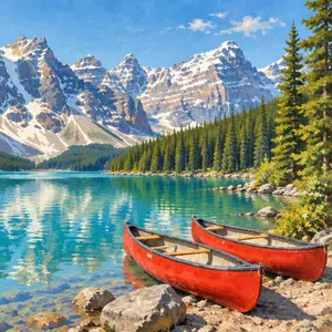 A painting of red canoes on a turquoise lake below the mountains at Banff